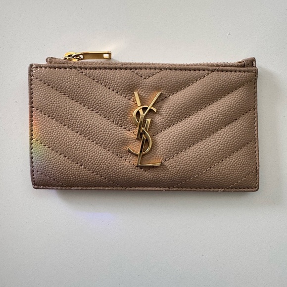 YSL Monogram Small Ziptop Card Case in Grained Leather Beige - Picture 1 of 11